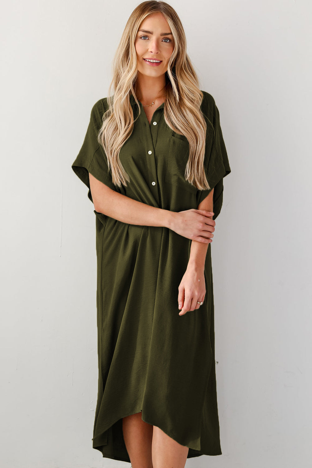 Jungle Green Loose High Low Side Slits Short Sleeve Shirt Dress