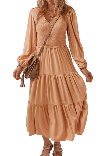 Pale Chestnut Smocked V Neck Long Sleeve Ruffle Dress