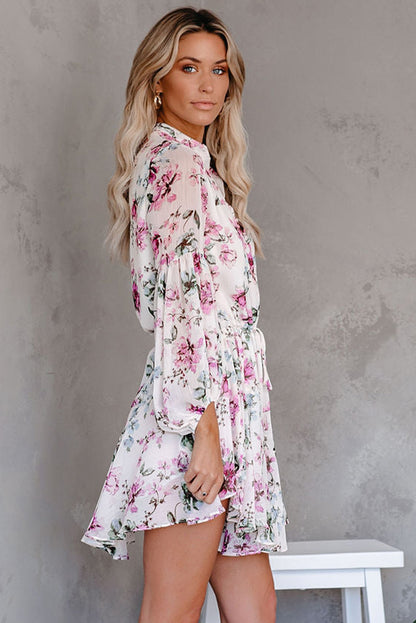 Vintage Floral Print Drawstring Flowy Dress