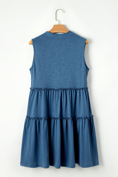 Sail Blue Split V Neck Tiered Flowy Sleeveless Dress