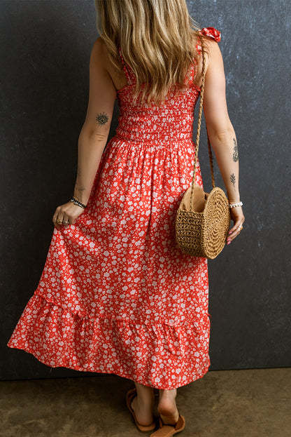 Red Boho Floral Self Tie Straps Smocked Bodice Long Dress