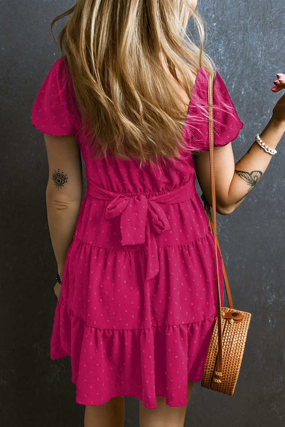 Rose Red Swiss Dot Jacquard Puff Sleeve Crossover Tied Tiered Dress