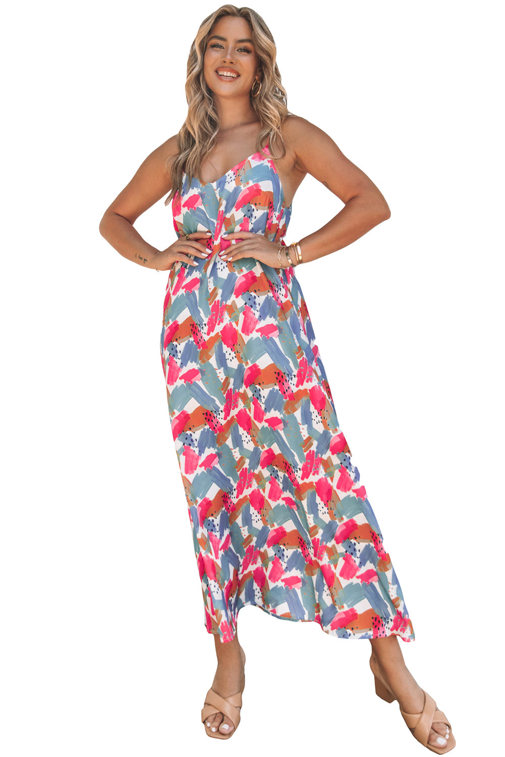 Multicolor Abstract Print Spaghetti Straps Maxi Dress