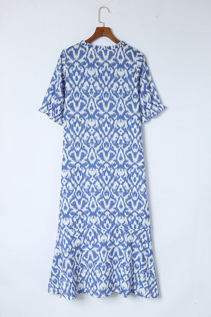 Sky Blue V Neck Casual Geometric Print Maxi Dress