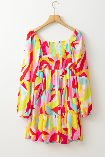 Multicolor Abstract Print Puff Sleeve Smocked Square Neck Dress