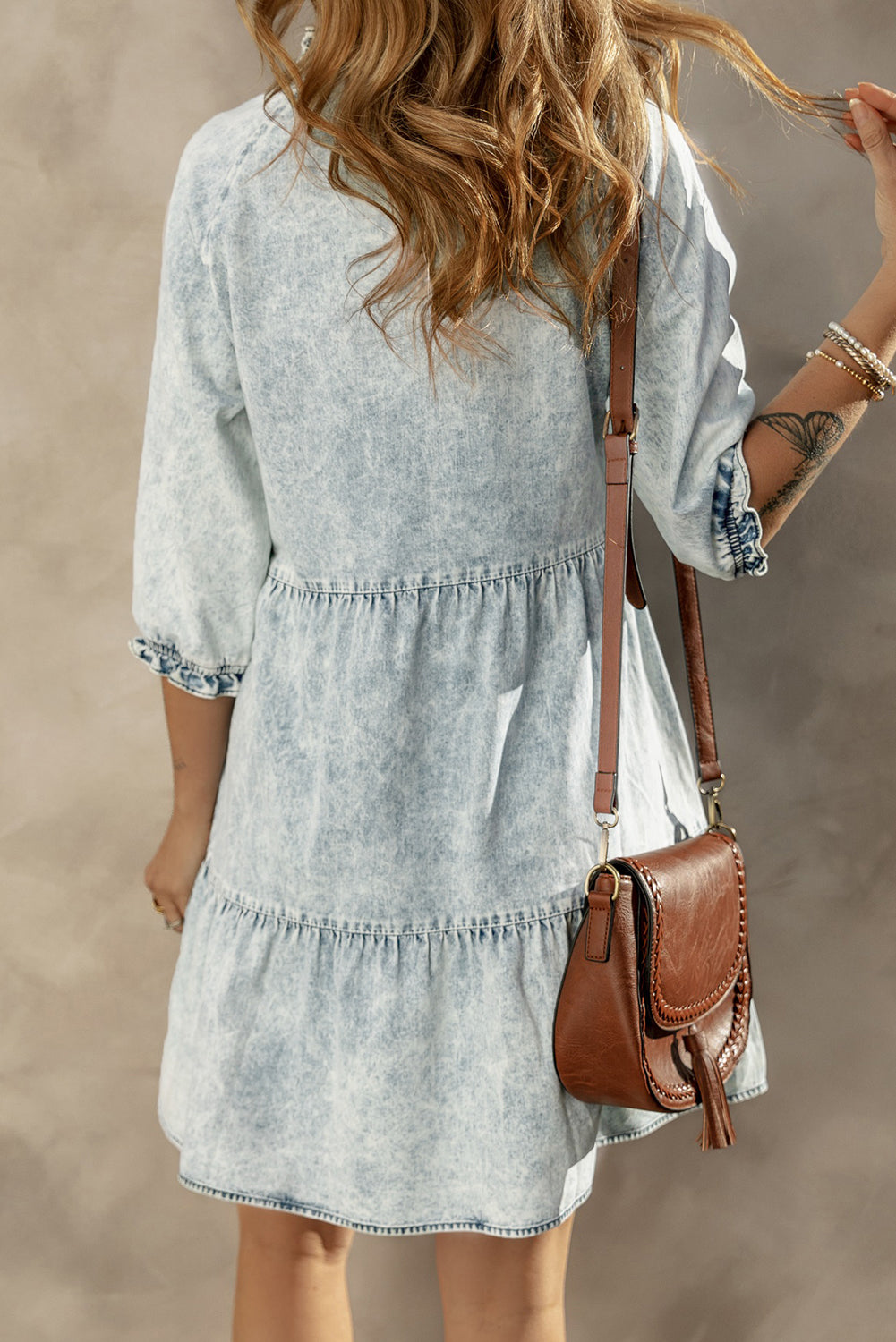 Dusk Blue Acid Wash Retro Half Sleeve Flared Denim Dress