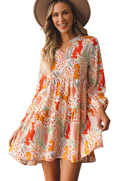 Multicolour Split Neck Puff Sleeve Flowy Printed Dress