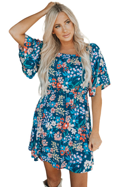 Blue Square Neck Ruffle Floral Dress