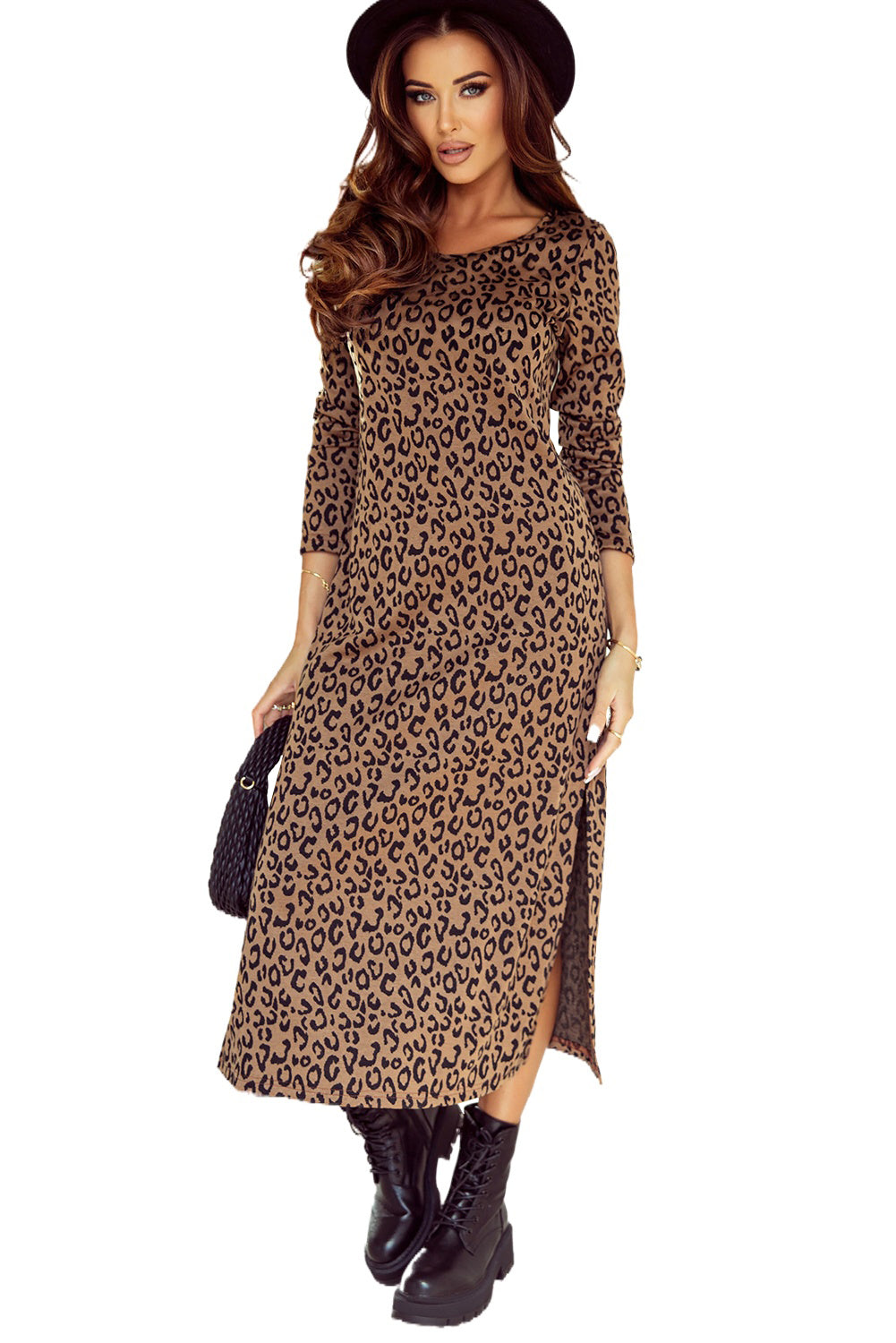 Leopard Round Neck Long Sleeve Split Dress