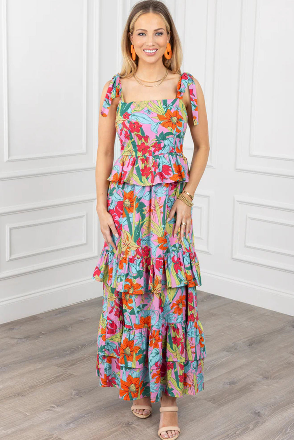 Multicolour Floral Print Shirred Backless Tiered Ruffled Maxi Dress