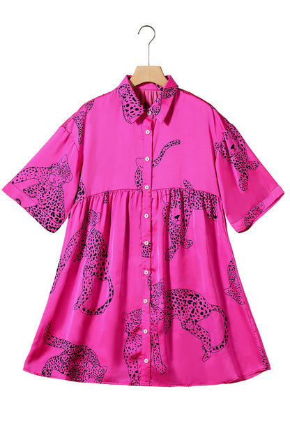 Rose Red Cheetah Print Bell Sleeve Mini Shirt Dress