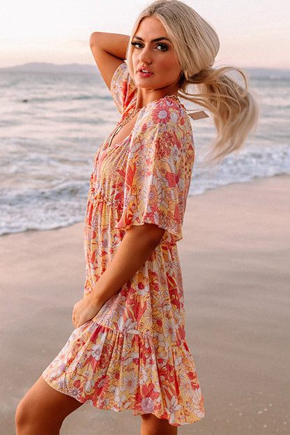 Orange Wide Flutter Sleeve Floral Dress