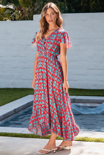 Red V Neck Flutter Sleeve Floral Print Ruffled Maxi Dress