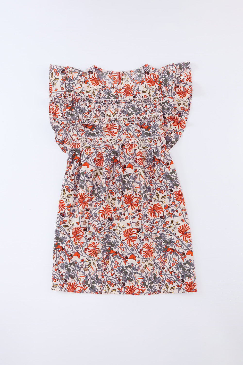 Round Neck Ruffled Flutter Sleeve Floral Mini Dress