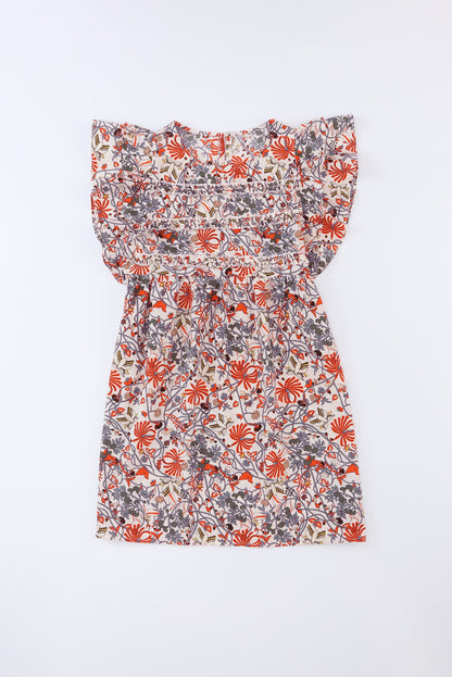 Round Neck Ruffled Flutter Sleeve Floral Mini Dress