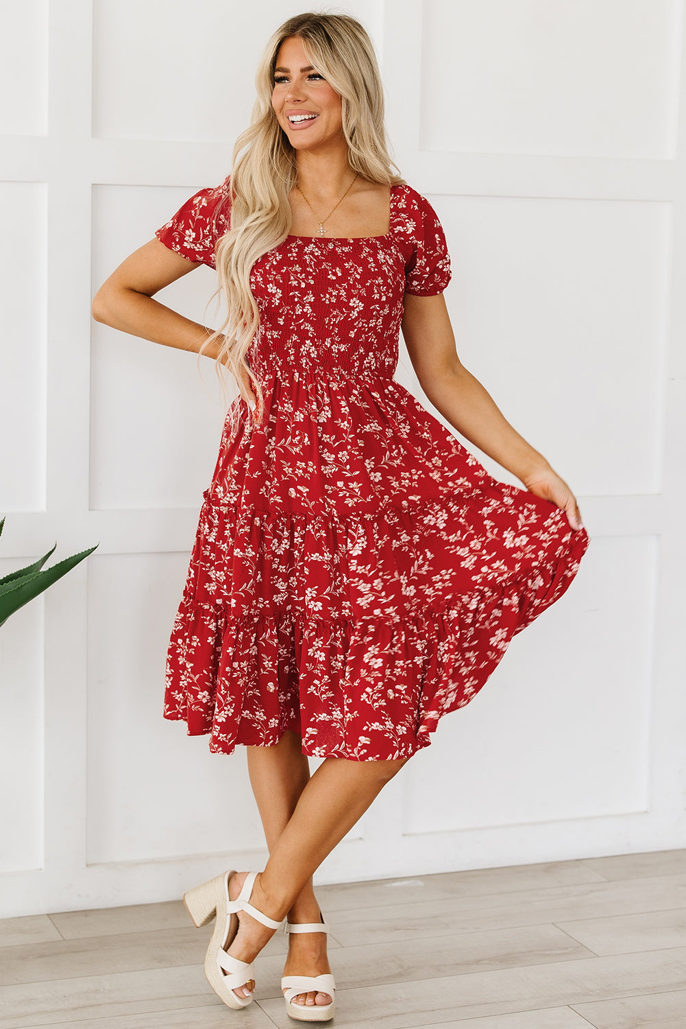 Red Boho Flower Smocked Square Neck Tiered Midi Floral Dress