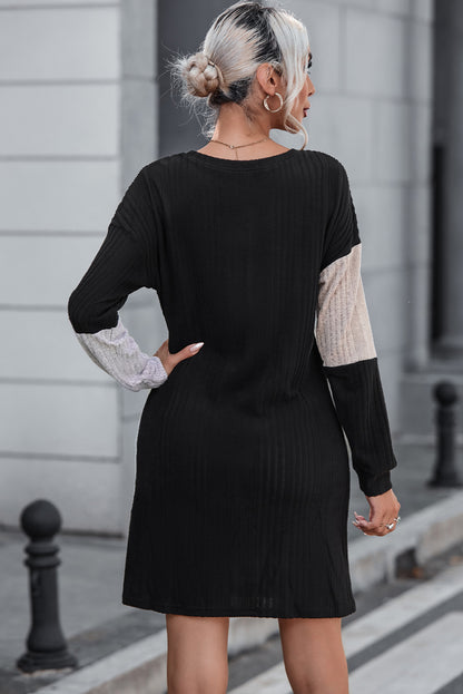 Black Ribbed Color Block Drop Shoulder Long Sleeve Mini Dress