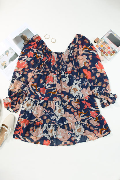 Blue Floral Tiered Long Puff Sleeve Mini Dress