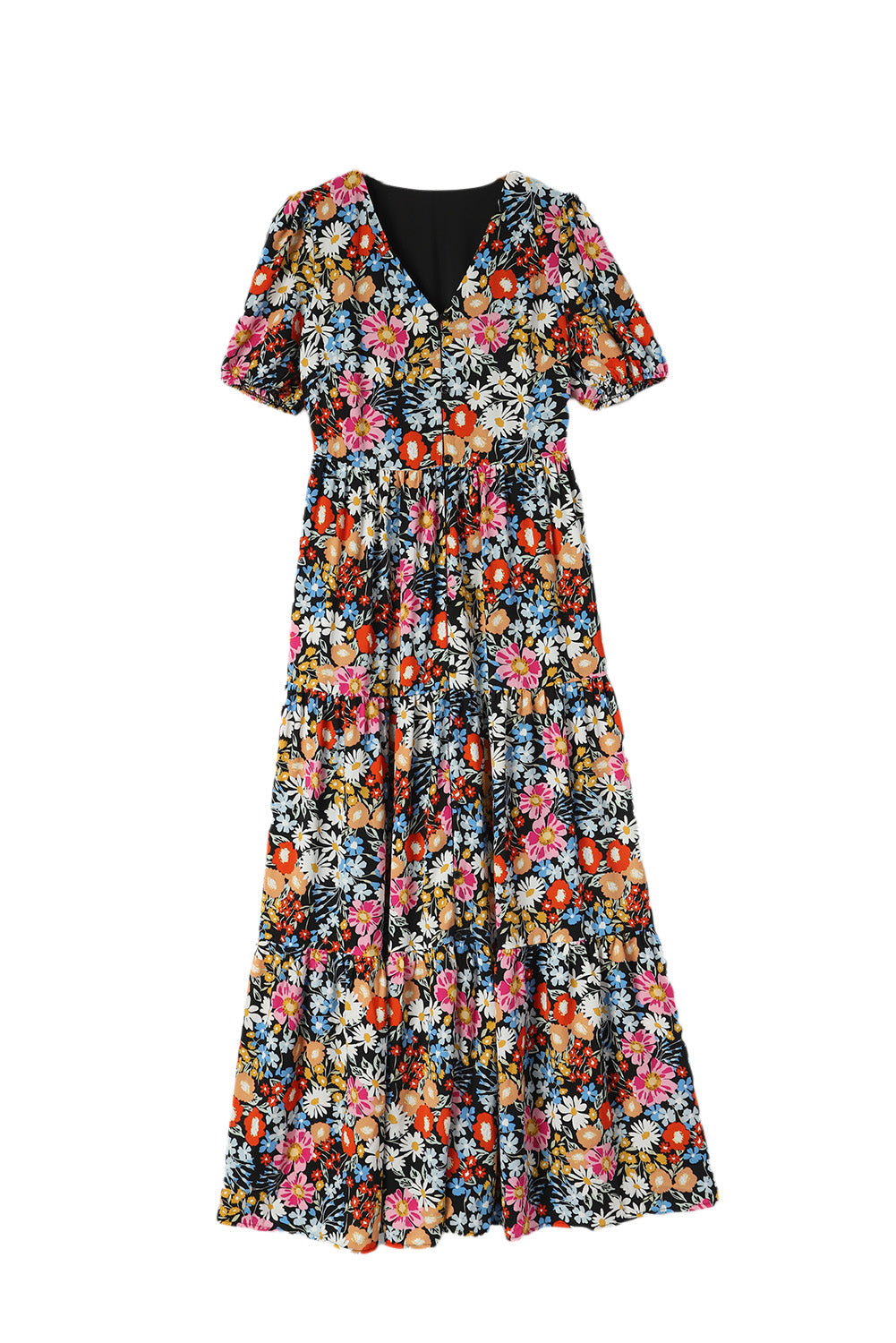 Black Short Sleeve Boho Floral Pattern Tiered Maxi Dress