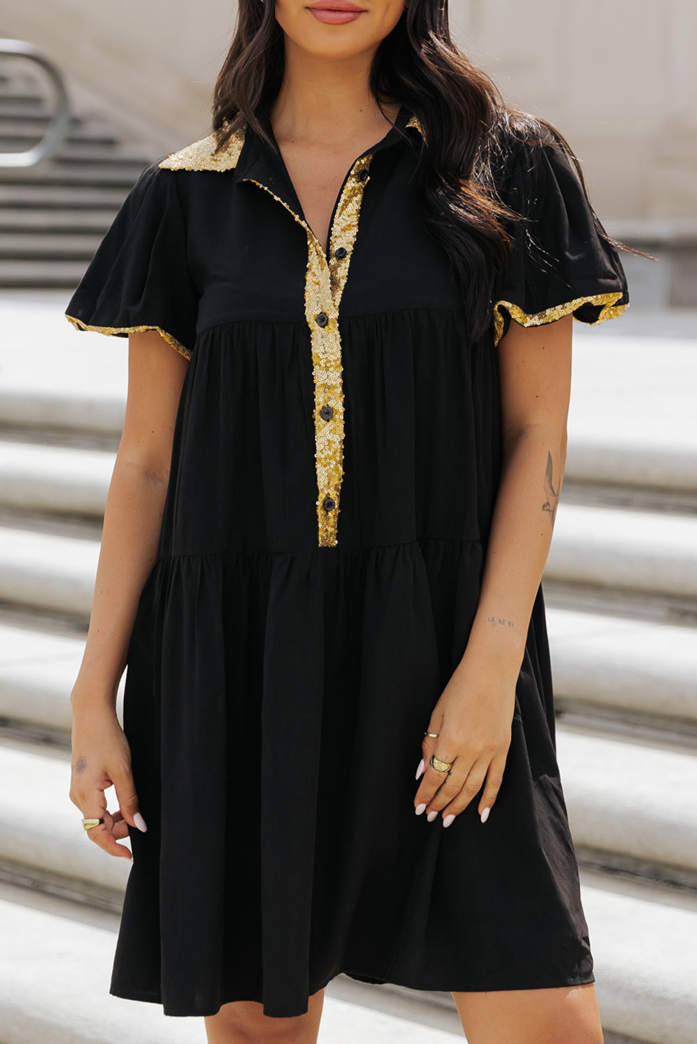 Black Sequin Trim Bubble Sleeve Game Day Shirt Dress