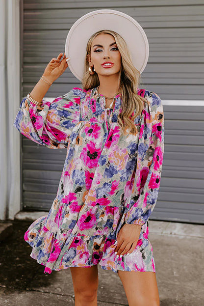 Multicolour Floral Tie Neck Bubble Sleeve Shift Dress