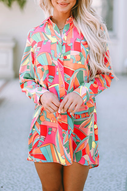 Multicolor Geometric Abstract Print Long Sleeve Shirt Dress