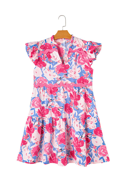 Pink Floral Printed V Notched Ric Rac Flutter Sleeve Dress