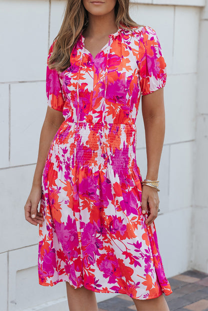 Rose Floral Smocked Waist Bubble Sleeve Flare Dress