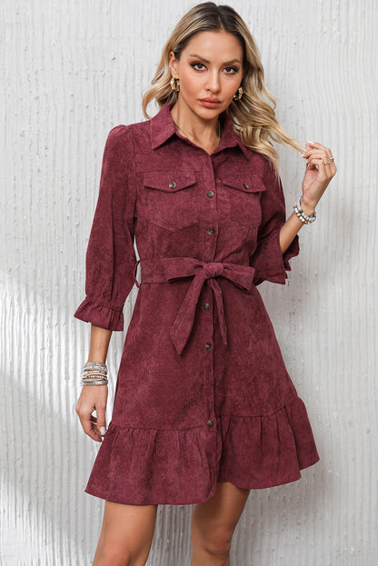 Red Dahlia Collared Buttons Front Ruffled Hem Shirt Corduroy Dress