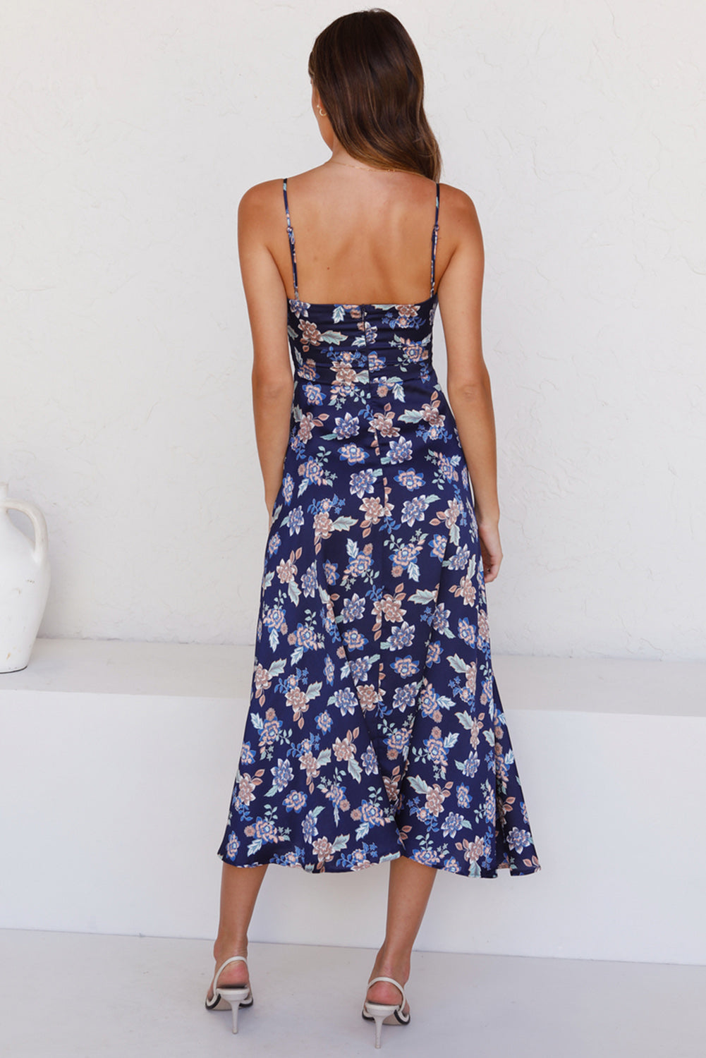 Blue Floral Print Bust Knot Long Dress with Slit