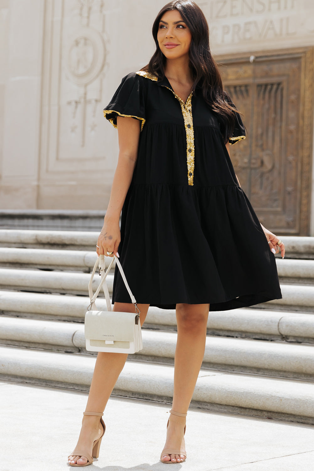 Black Sequin Trim Bubble Sleeve Game Day Shirt Dress