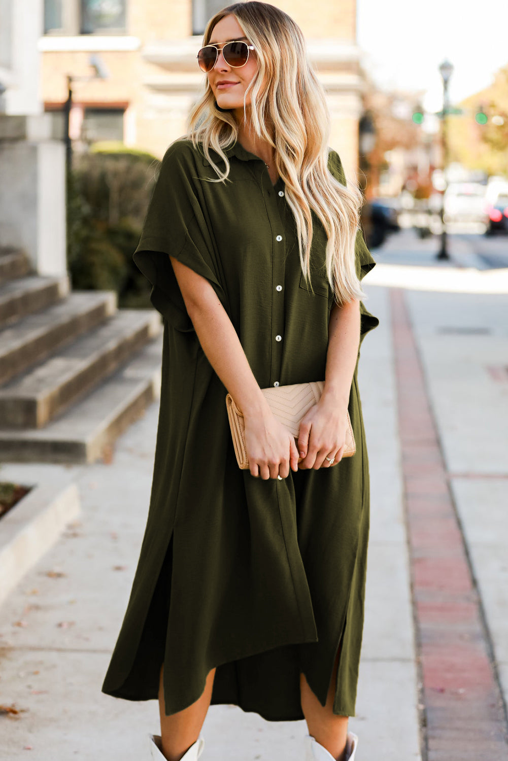 Jungle Green Loose High Low Side Slits Short Sleeve Shirt Dress