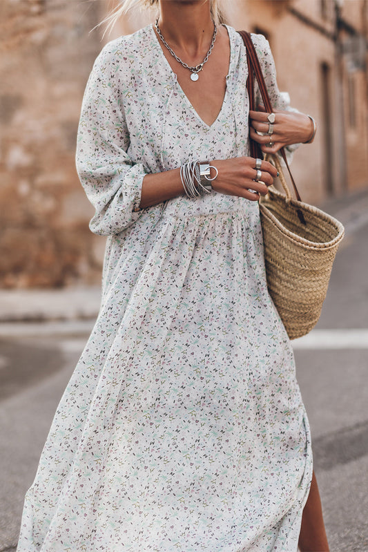 Multicolor Printed Tie V Neck Loose Long Sleeve Split Dress