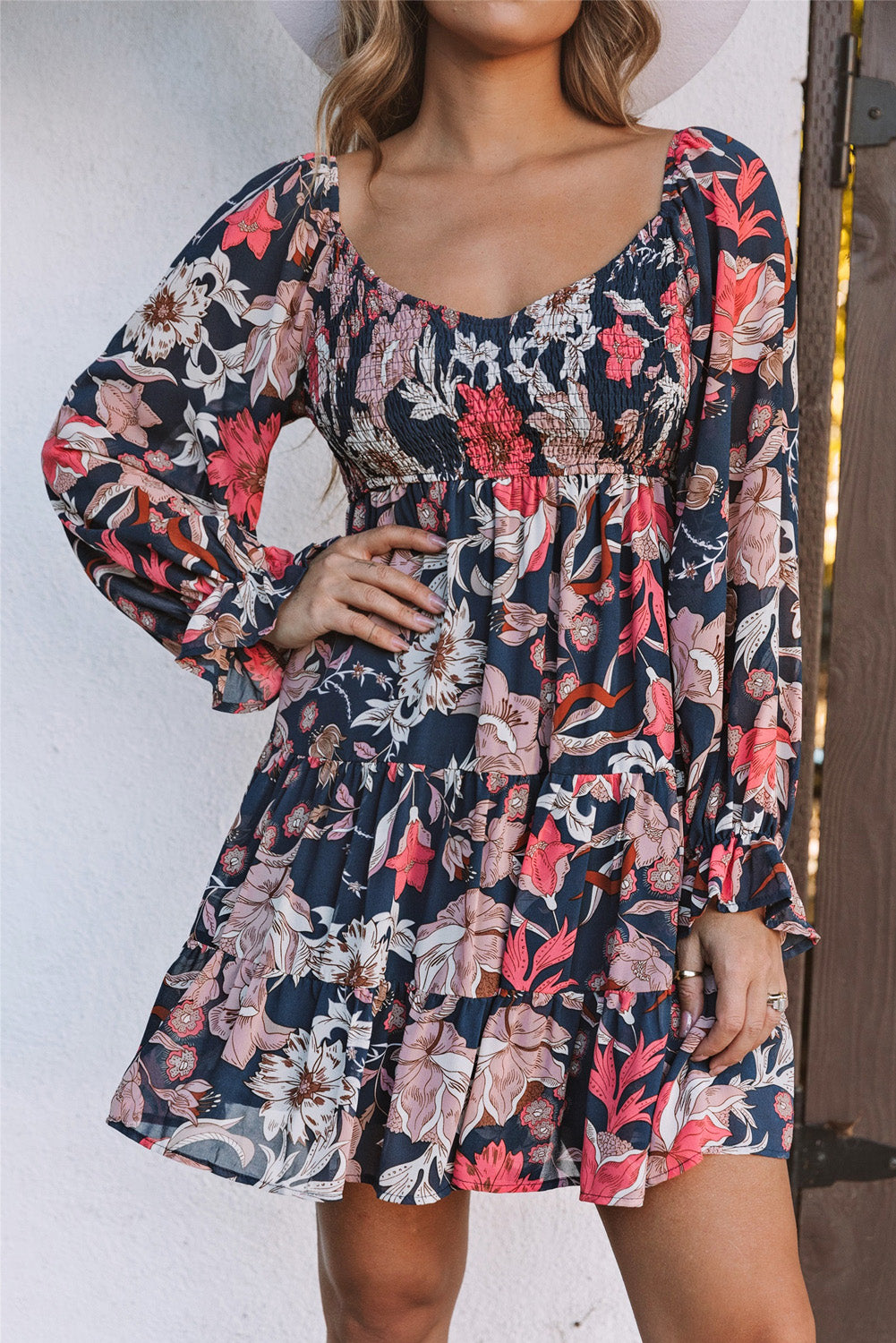 Blue Floral Tiered Long Puff Sleeve Mini Dress