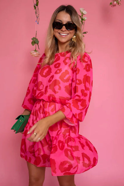 Rose Leopard Print Flounce Sleeve Ruffle Mini Dress