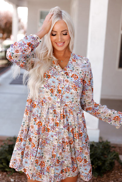 Multicolor Split Neck Buttons Front Shirt Floral Dress