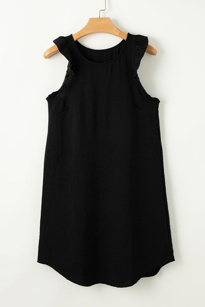 Black Solid Color Ruffled Sleeveless Shift Mini Dress