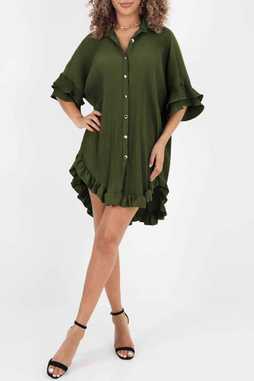 Moss Green High-low Hem Ruffle Sleeve Pleated Shirt Dress