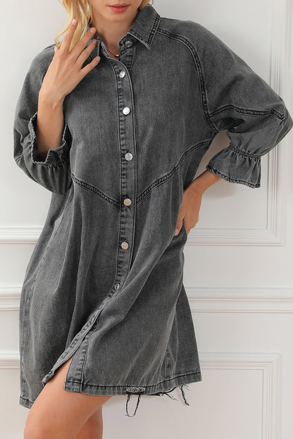 Gray Buttoned Long Sleeve Denim Mini Dress