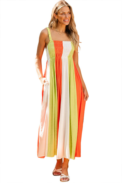 Green Color Block Shirred High Waist Fit and Flare Maxi Dress