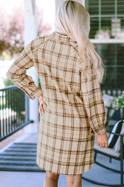 Khaki Western Plaid Button Up Loose Shirt Dress