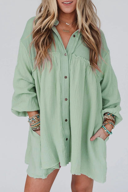 Green Patchwork Crinkle Puff Sleeve Shirt Dress