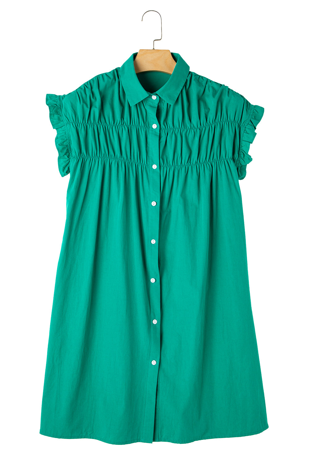 Bright Green Shirred Ruffle Sleeve Button Up Short Dress