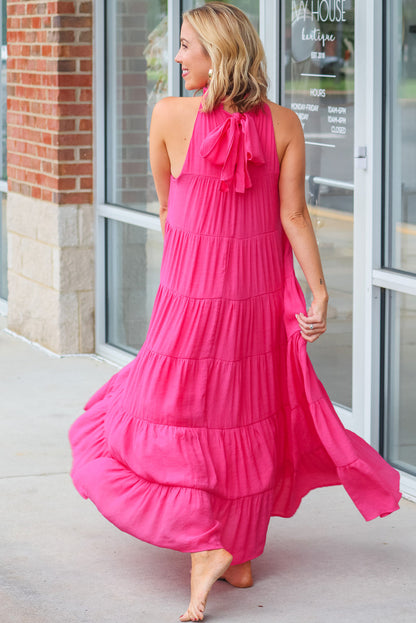 Rose Red High Frilled Neck Tiered Sleeveless Maxi Dress