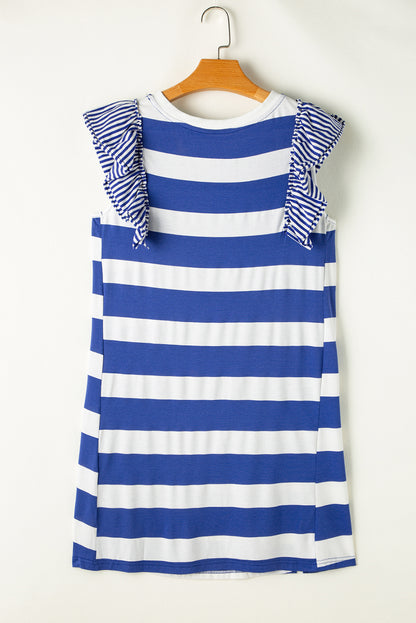 Sky Blue Stripe Contrast Ruffled Sleeve T-shirt Dress