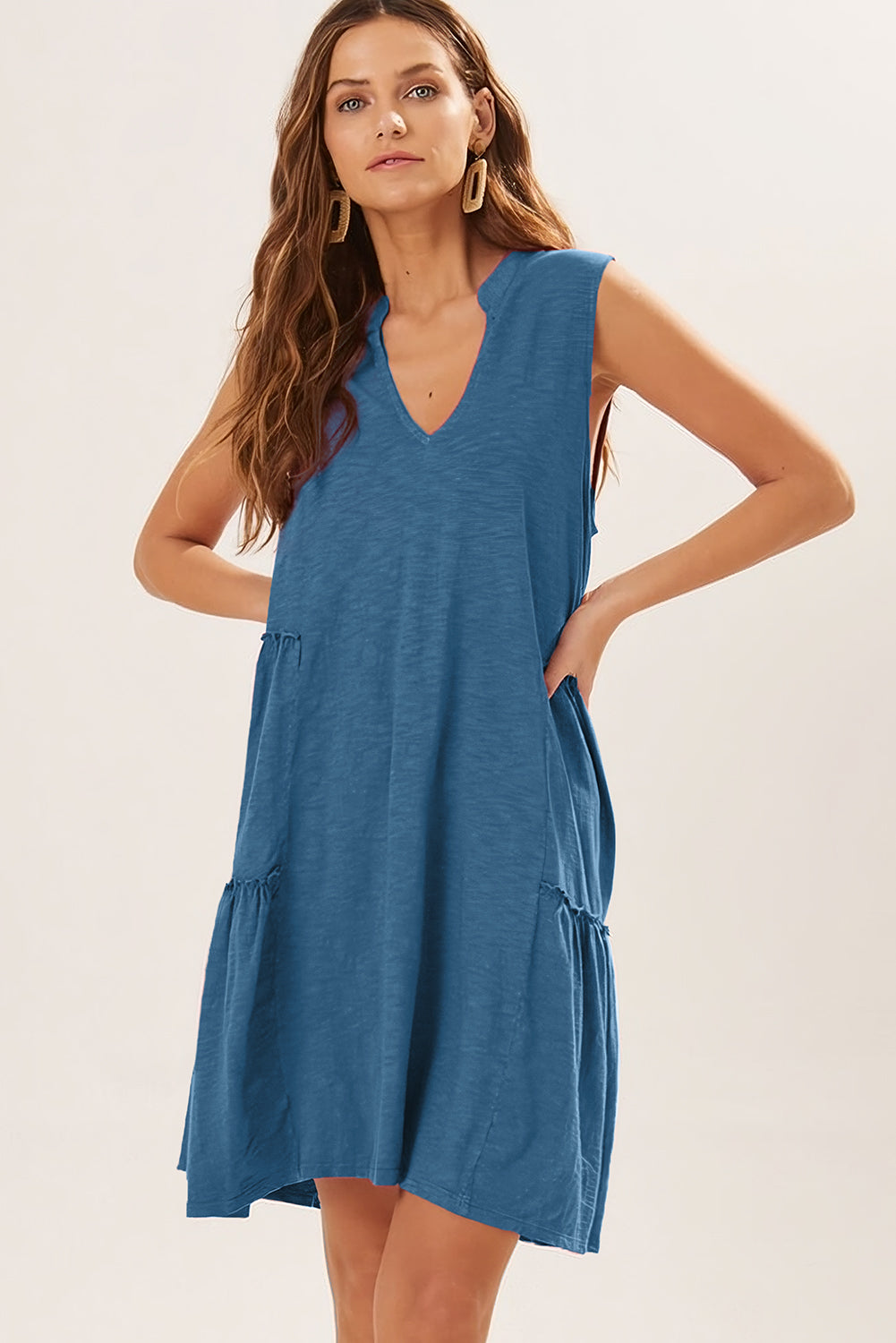 Sail Blue Split V Neck Tiered Flowy Sleeveless Dress