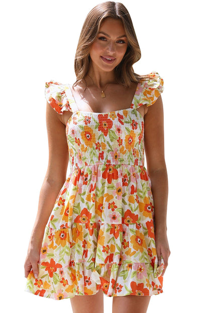 Multicolor Ruffled Shirred Sleeveless High Rise Floral Mini Dress