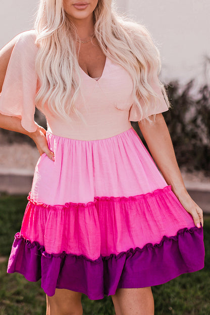 Pink Ombre Colorblock Tiered Dress