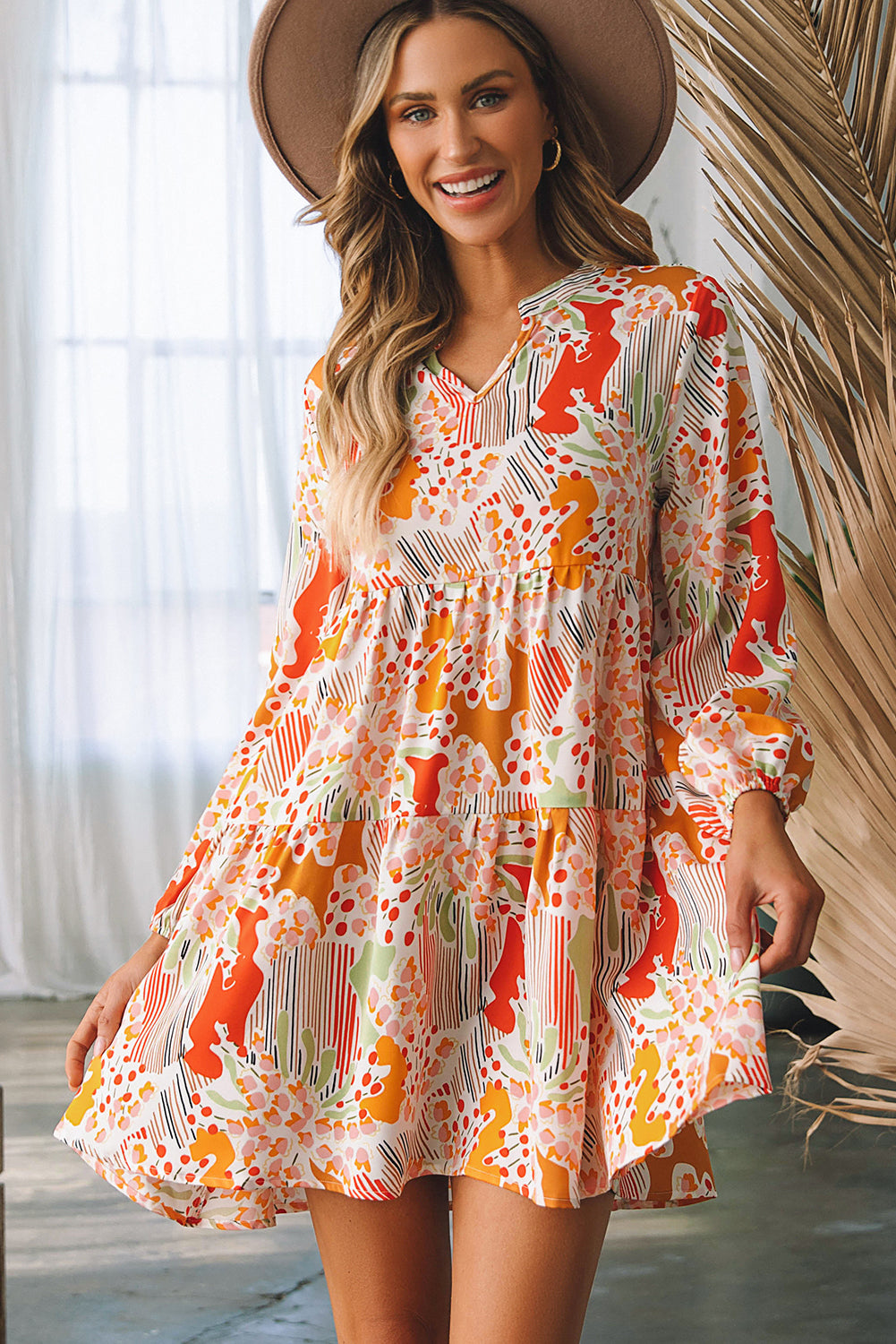 Multicolour Split Neck Puff Sleeve Flowy Printed Dress