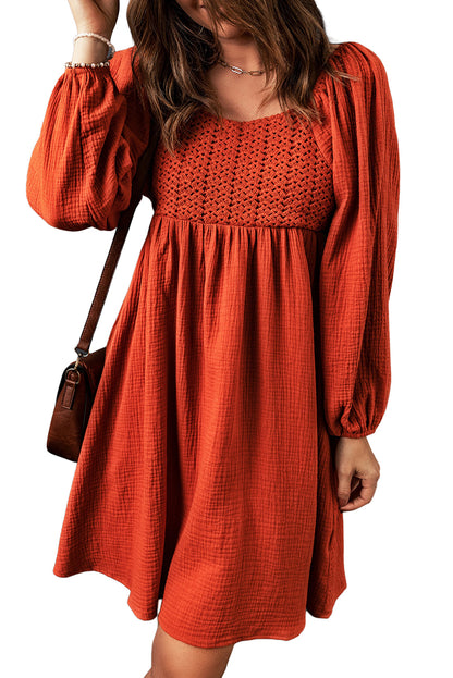 Brown Textured Front Crochet Babydoll Dress